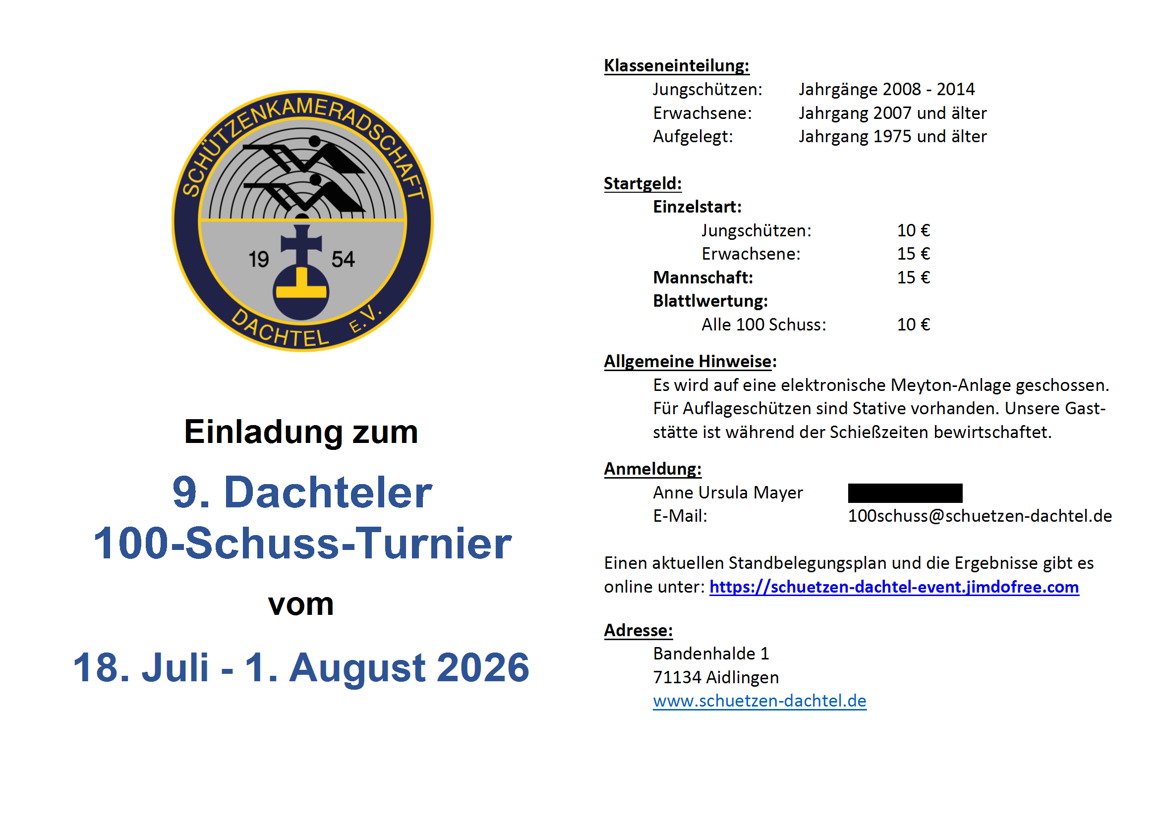 2026 Einladung 100 Schuss Turnier Dachtel Flyer p1